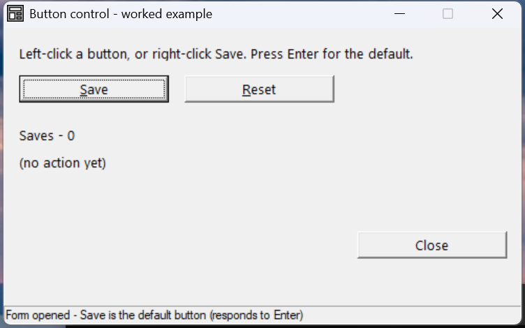 The worked button example running: a Save default button and a Reset button, with a click counter and a status bar.