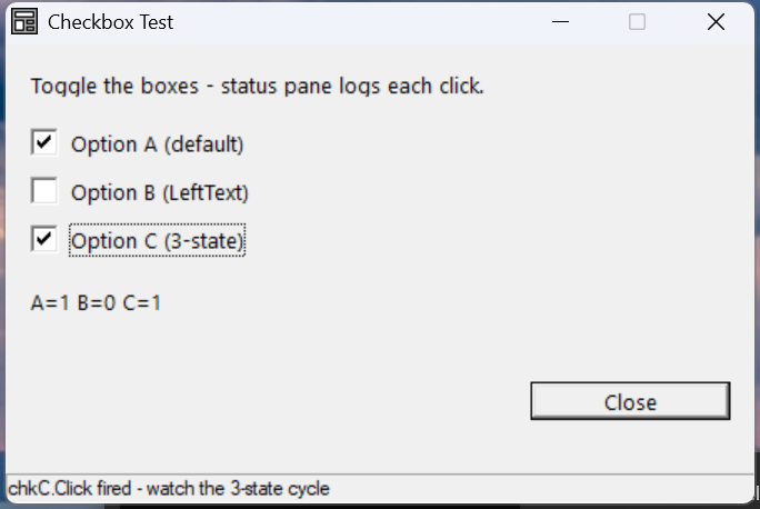 Three checkboxes — A and C ticked, B clear — with a state readout A=1 B=0 C=1.