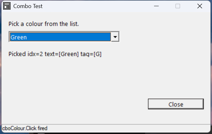 A colour combo box with Green selected, showing 'Picked idx=2 text=[Green] tag=[G]'.
