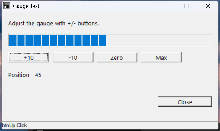 A progress bar filled to 45%, with +10 / -10 / Zero / Max buttons and a 'Position - 45' readout.