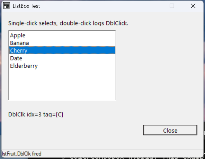 A listbox of fruit with Cherry selected, showing idx=3 tag=[C] below it.