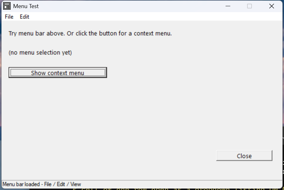 A form with a File / Edit menu bar and a 'Show context menu' button.