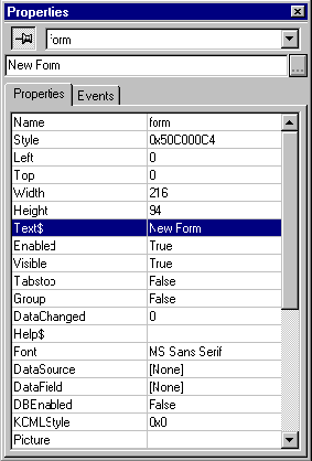 The Forms Designer Properties list | KCML Reference Manual