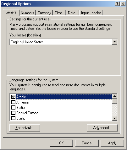 Regional Options dialog in control panel